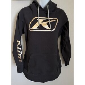 Klim Hoodie Womens Small Black Fleece Sweater Pullover Spell Out Gold Logo